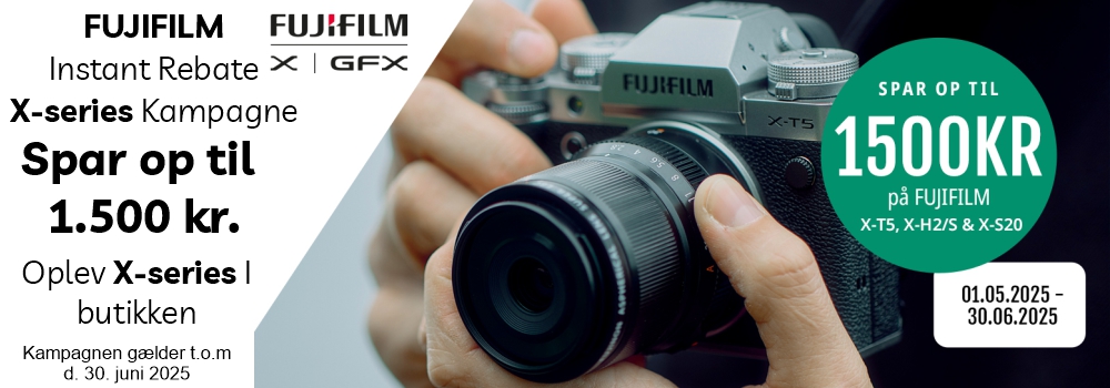 Fujifilm Instant Rebate Kampagne, Spar op til 1.500 kr. i rabat. Oplev x-series i butikken. gælder t.o.m 30 juni 2025